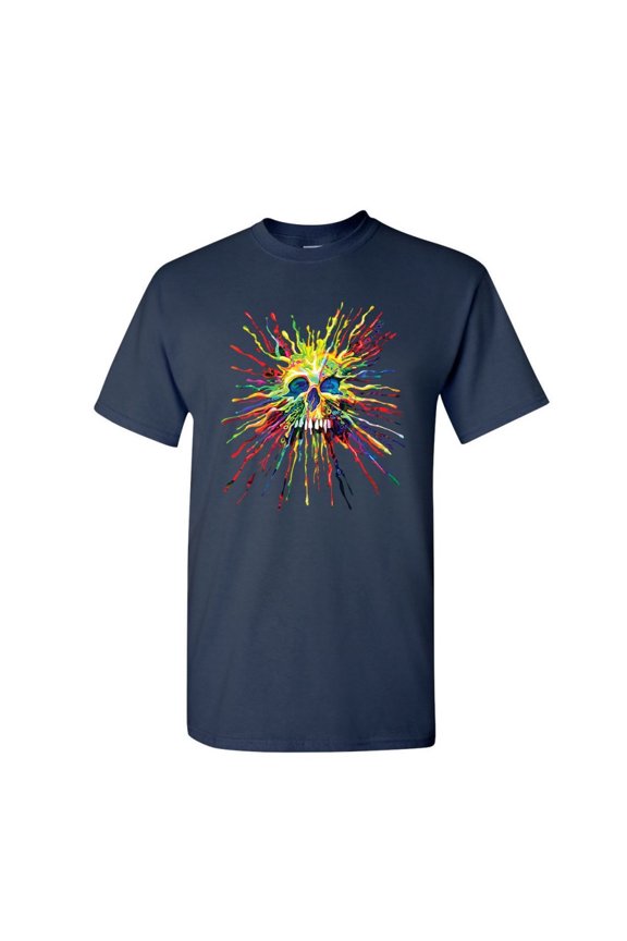 Paint Splatter Skull T-Shirt Multicolor Art Crazy Melting Drip Mens Shirt, Navy Blue, Medium