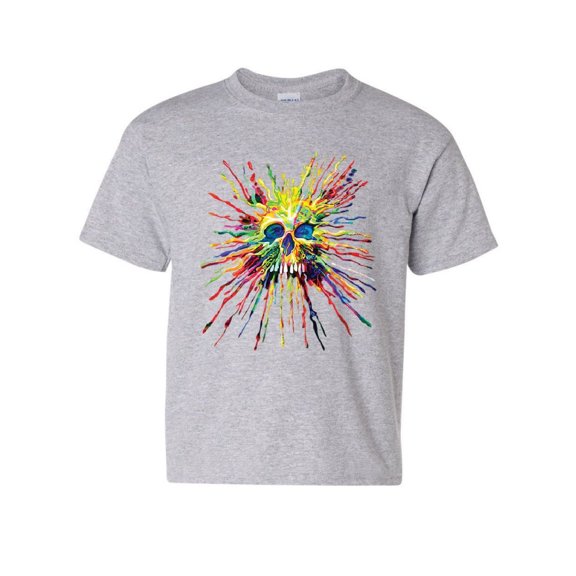 Tee Hunt Paint Splatter Skull Youth T-Shirt Multicolor Art Crazy Melting Drip Kids Tee, Gray, X-Large
