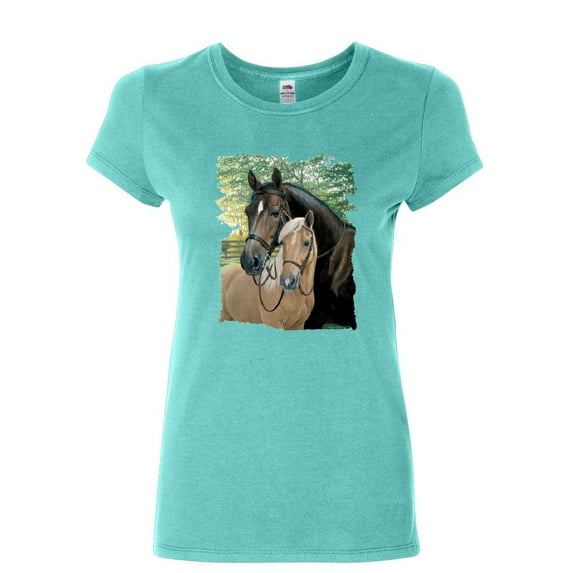 Tee Hunt Pair of Horses Women's T-Shirt Mustangs Horseback Riding Pony Stallion Shirt, Light Blue, XX-Large