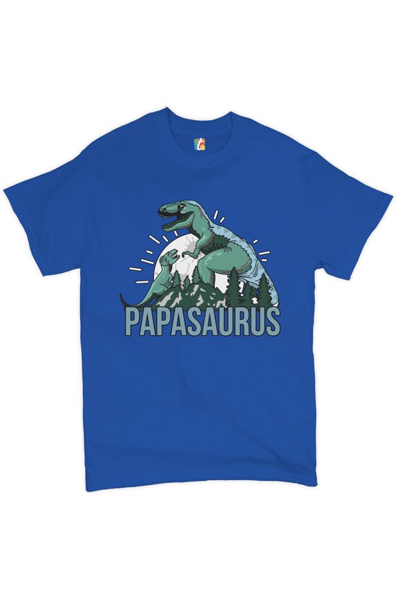 Papasaurus T-Shirt Father's Day T-Rex Dinosaur Grandpa Funny Daddy Men's Tee, Blue, Small