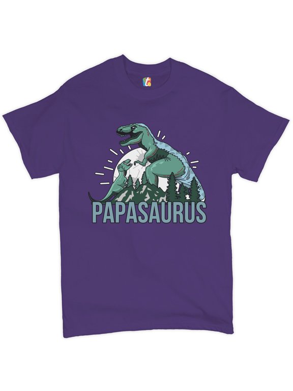 Papasaurus T-Shirt Father's Day T-Rex Dinosaur Grandpa Funny Daddy Men's Tee, Purple, Large