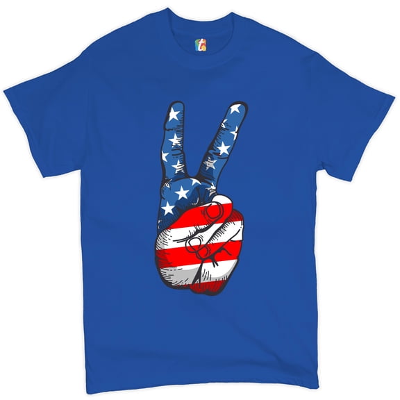 Tee Hunt Patriotic Victory Sign T-shirt American Flag USA Independence Day Men's Tee, Blue, 5X-Large