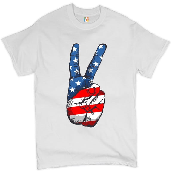 Tee Hunt Patriotic Victory Sign T-shirt American Flag USA Independence Day Men's Tee, White, Medium
