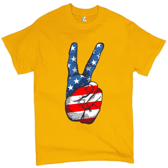 Tee Hunt Patriotic Victory Sign T-shirt American Flag USA Independence Day Men's Tee, Yellow, Small