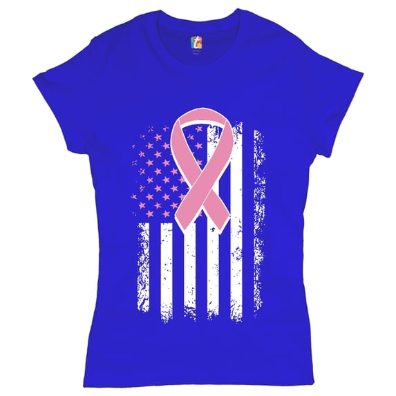 Tee Hunt Pink Ribbon Distressed Flag Women's T-Shirt Novelty T-Shrit Breast Cancer Awareness Tee, Blue, 3X-Large