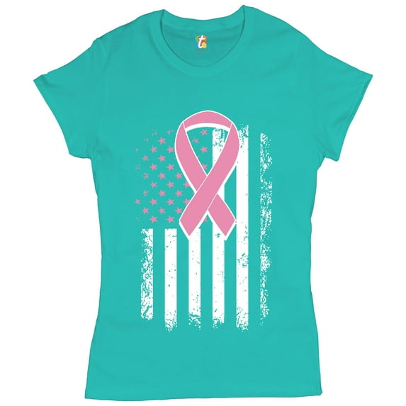 Tee Hunt Pink Ribbon Distressed Flag Women's T-Shirt Novelty T-Shrit Breast Cancer Awareness Tee, Light Blue, Small