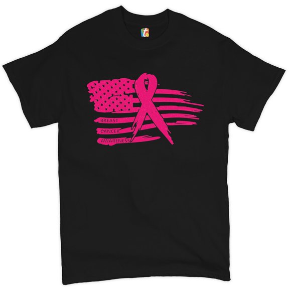 Tee Hunt Pink Ribbon Flag T-Shirt Breast Cancer Awareness Hope Survivor Mens Shirt, Black, Large
