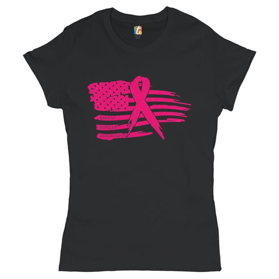 Tee Hunt Pink Ribbon Flag Women's T-Shirt Breast Cancer Awareness Hope Survivor Shirt