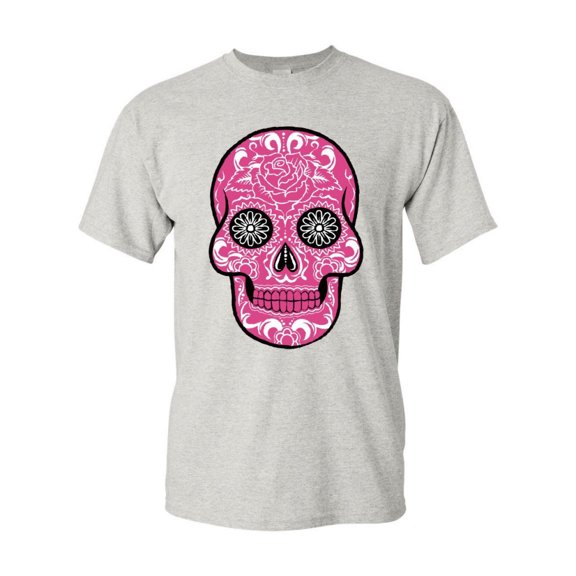 Tee Hunt Pink Sugar Skull with Roses T-Shirt Day of The Dead Cotton Tee, Ash Gray, Medium