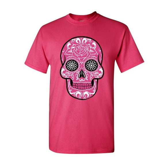 Tee Hunt Pink Sugar Skull with Roses T-Shirt Day of The Dead Cotton Tee, Hot Pink, Large