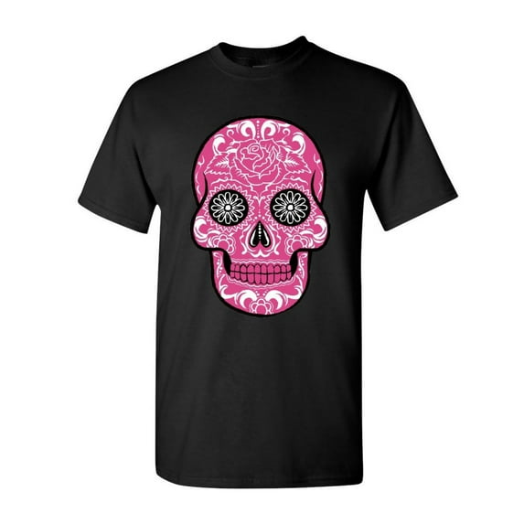 Tee Hunt Pink Sugar Skull with Roses T-Shirt Day of The Dead Cotton Tee