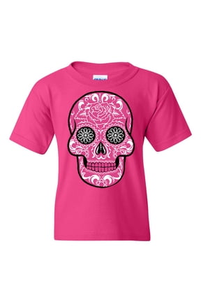 Pink Sugar Skull with Roses Youth T-Shirt Day of The Dead Tee, Pink, X-Large