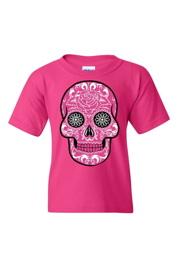Pink Sugar Skull with Roses Youth T-Shirt Day of The Dead Tee, Pink, X-Large
