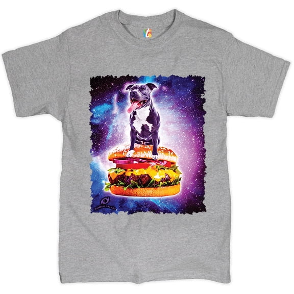 Tee Hunt Pit Bull Riding a Burger Flying Through Galaxy T-shirt Funny Pet Men's Tee, Gray, 5X-Large