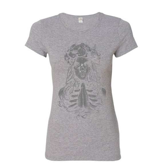 Tee Hunt Pray Girl Women's T-Shirt Calavera Day of The Dead Dia de Los Muertos, Gray, Large