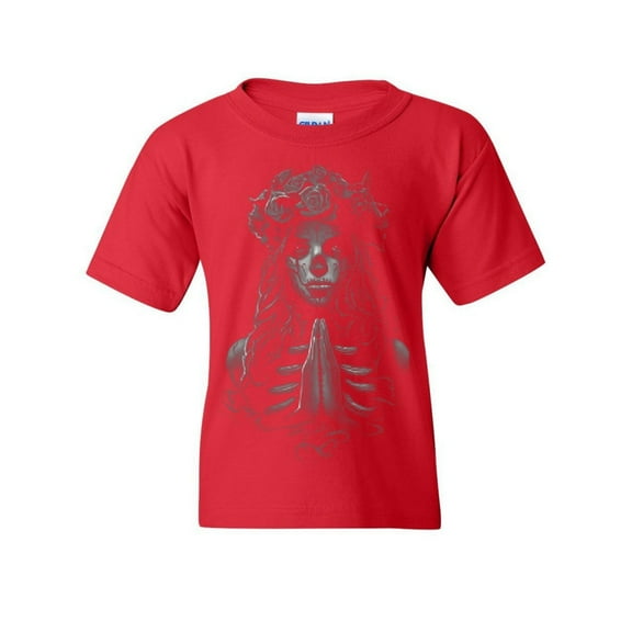 Tee Hunt Pray Girl Youth T-Shirt Calavera Day of The Dead Dia de Los Muertos, Red, Medium
