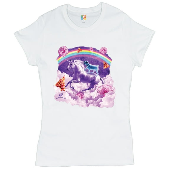 Tee Hunt Pug Riding a Unicorn in Clouds T-Shirt Space Rainbow Trippy Donuts Women's T-Shirt Tee, White, XX-Large