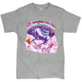 thumbnail image 1 of Tee Hunt Pug Riding a Unicorn in Clouds T-shirt Space Rainbow Trippy Donuts Men's Tee, Gray, Large, 1 of 5