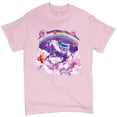 thumbnail image 1 of Tee Hunt Pug Riding a Unicorn in Clouds T-shirt Space Rainbow Trippy Donuts Men's Tee, Light Pink, Medium, 1 of 5