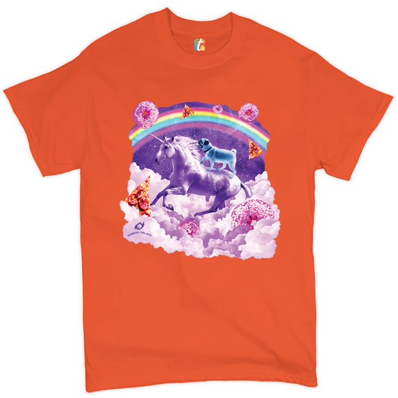 Tee Hunt Pug Riding a Unicorn in Clouds T-shirt Space Rainbow Trippy Donuts Men's Tee, Orange, 5X-Large