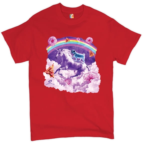 Tee Hunt Pug Riding a Unicorn in Clouds T-shirt Space Rainbow Trippy Donuts Men's Tee, Red, X-Large