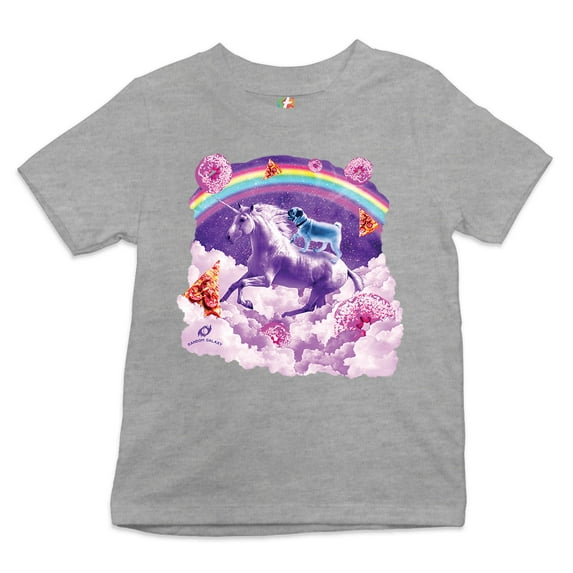 Tee Hunt Pug Riding a Unicorn in Clouds Youth T-Shirt Space Rainbow Trippy Donuts Kids, Gray, Small