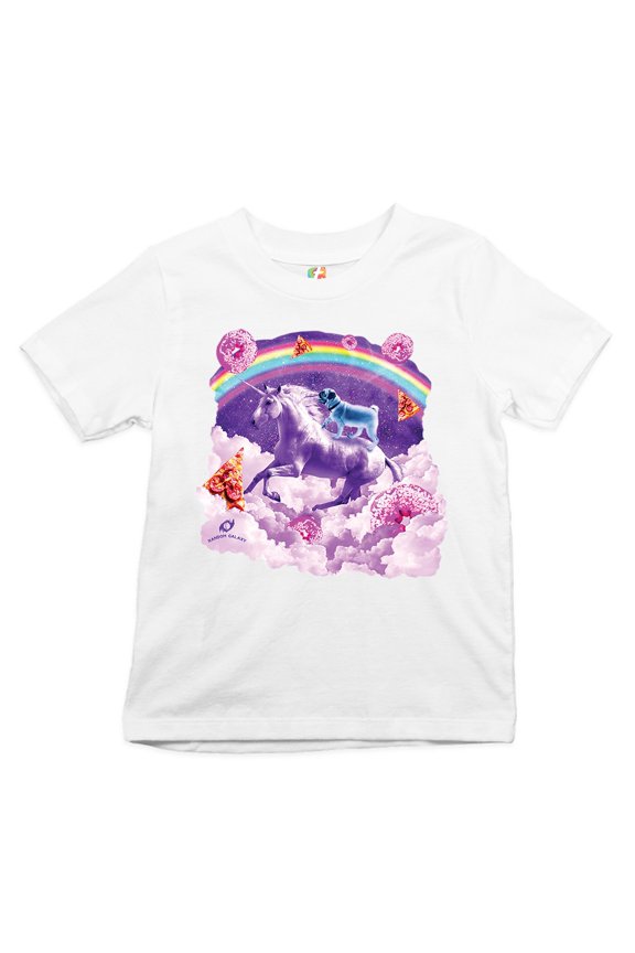 Pug Riding a Unicorn in Clouds Youth T-Shirt Space Rainbow Trippy Donuts Kids, White, Small