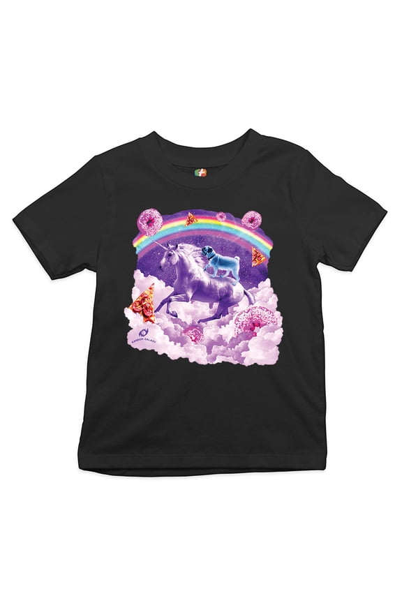Pug Riding a Unicorn in Clouds Youth T-Shirt Space Rainbow Trippy Donuts Kids