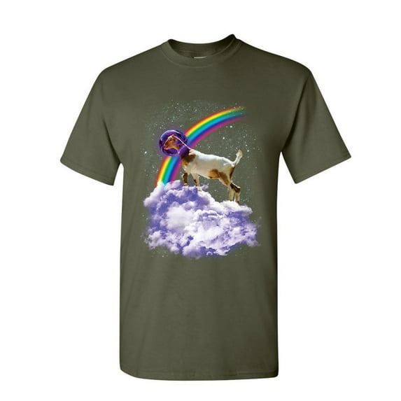 Tee Hunt Rainbow Goat on a Cloud T-Shirt Galaxy Space Funny Universe Gag Mens Shirt, Military Green, Large