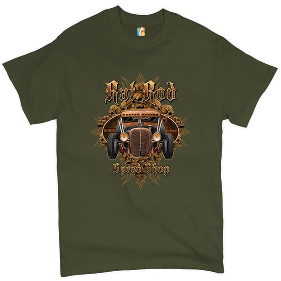 Tee Hunt Rat Rod in Rust We Trust T-Shirt Retro Hot Rod Route 66 Old School Men's Tee, Military Green, Small