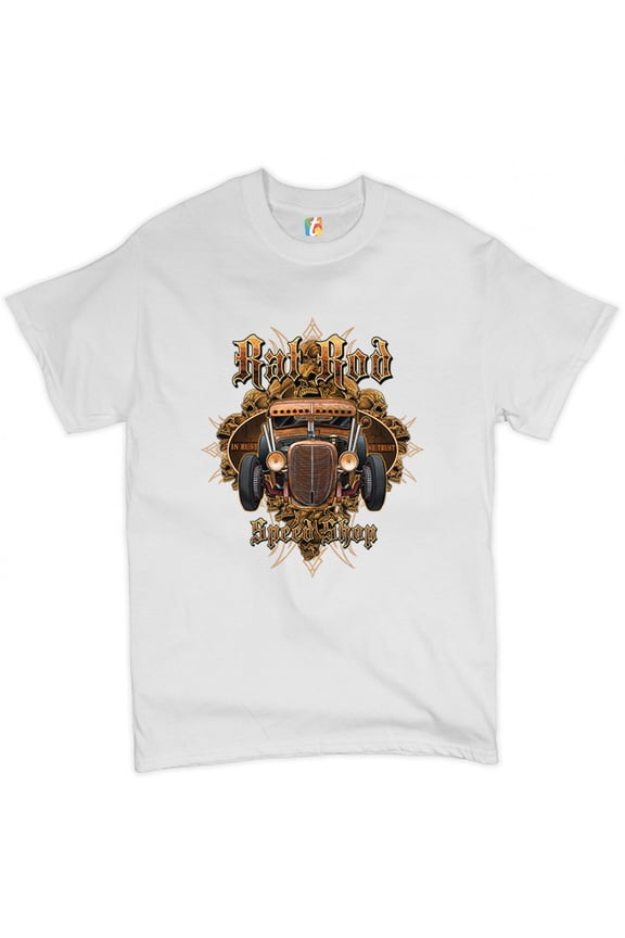 Rat Rod in Rust We Trust T-Shirt Retro Hot Rod Route 66 Old School Men's Tee, White, Medium