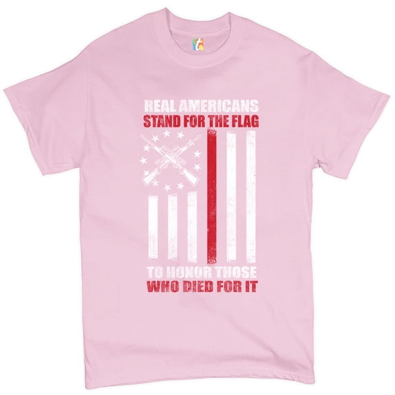 Tee Hunt Real Americans Stand for The Flag T-Shirt Patriotic Veteran's Day Men's Tee, Light Pink, Medium