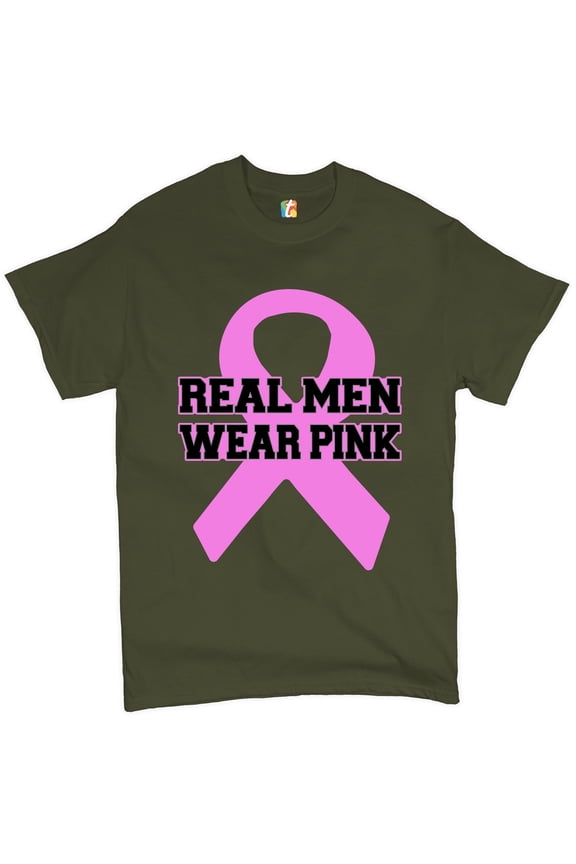 Real Men Wear T-Shirt Breast Cancer Awareness Month Men's Novelty Shirt, Military Green, Large