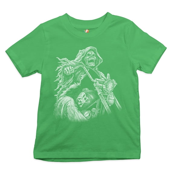 Tee Hunt Reaper Biker Youth T-Shirt Ride or Die Skeleton Biker Forever Motorcycle Kids, Green, Large