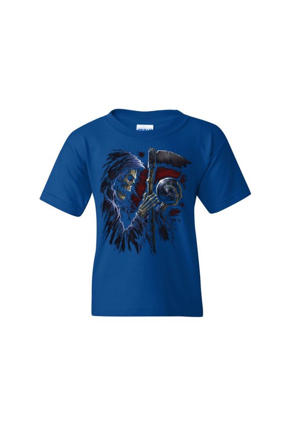 Reaper Sphere Scythe Youth T-Shirt Death Skull Creepy Scary Monster, Blue, Medium