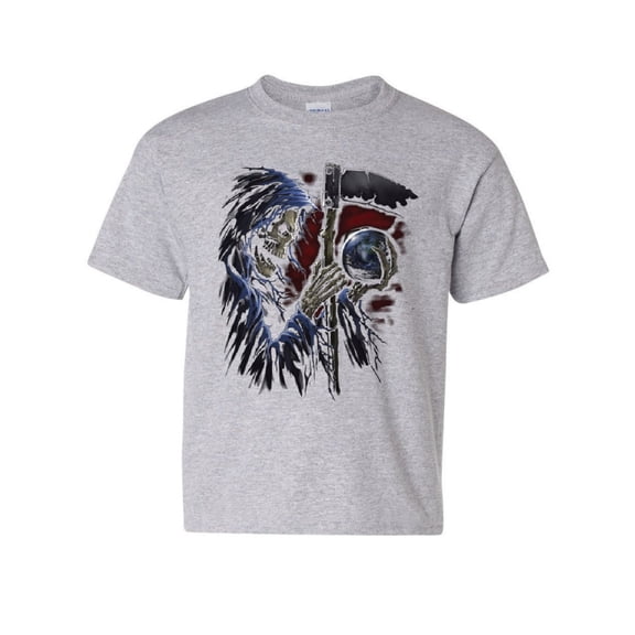 Tee Hunt Reaper Sphere Scythe Youth T-Shirt Death Skull Creepy Scary Monster, Gray, Medium
