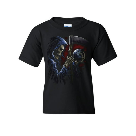 Tee Hunt Reaper Sphere Scythe Youth T-Shirt Death Skull Creepy Scary Monster