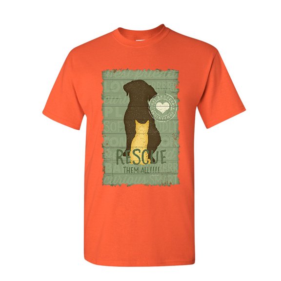 Tee Hunt Rescue Them All T-Shirt Animal Shelter Dog Cat Paw Kitten Puppy Mens Shirt, Orange, Small