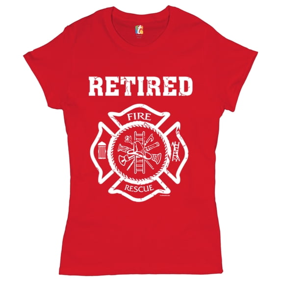 Tee Hunt Retired Firefighter Badge T-Shirt Fire and Rescue Fire Department Women's T-Shirt Tee, Red, Small