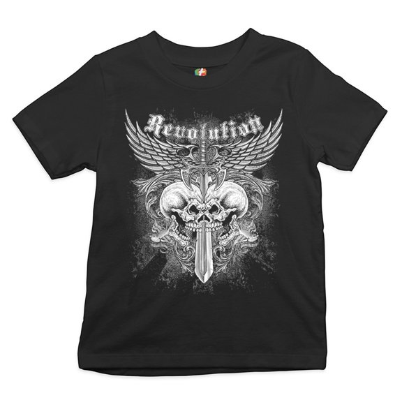 Tee Hunt Revolution Gothic Skulls Kid's Shirt Angel Wings Skeleton Horror Boys Girls Tee, Black, Medium