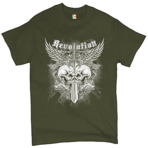 Tee Hunt Revolution Gothic Skulls T-shirt Angel Wings Skeleton Horror Men's Tee, Military Green, 3X-Large