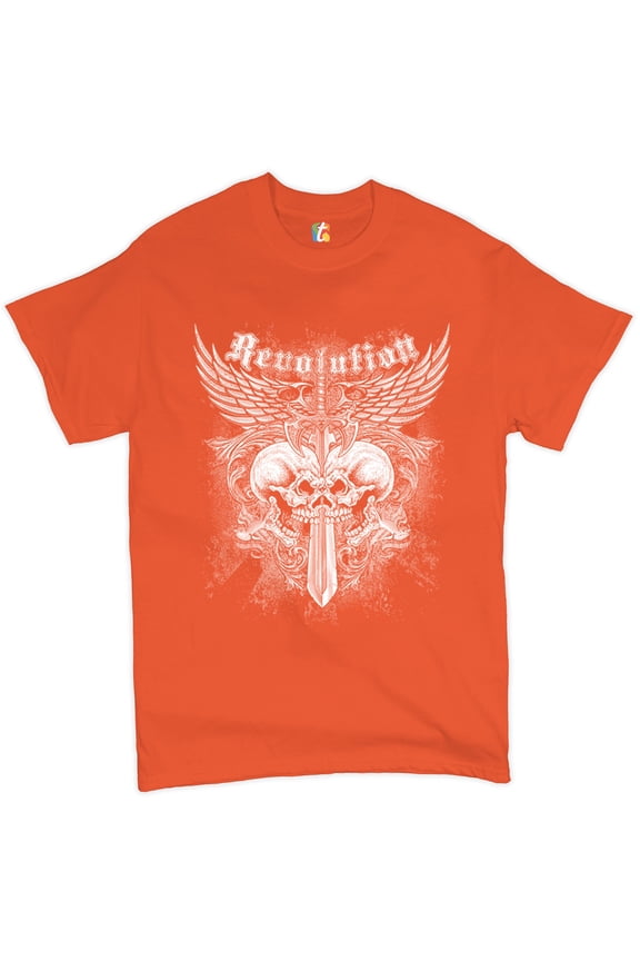 Revolution Gothic Skulls T-shirt Angel Wings Skeleton Horror Men's Tee, Orange, Large
