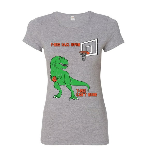 Tee Hunt Rex Can't Dunk Funny Women's T-Shirt Basketball Tyrannosaurus Fail, Gray, Medium