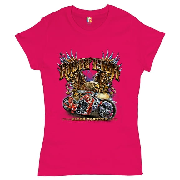 Tee Hunt Ridin' High T-Shirt Biker Forever American Eagle Women's T-Shirt Tee, Pink, Small