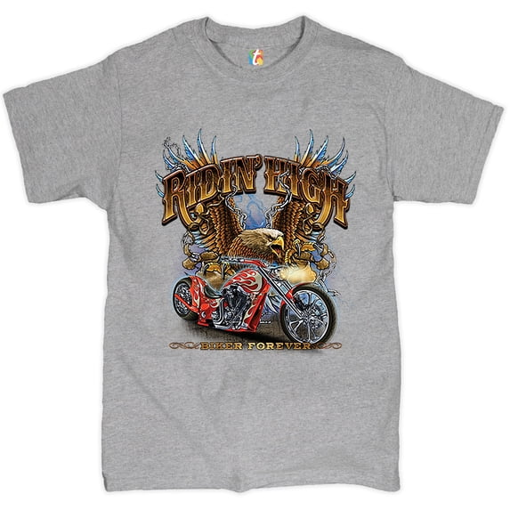 Tee Hunt Ridin' High T-shirt Biker Forever Chopper Rider American Eagle Men's Tee, Gray, XX-Large