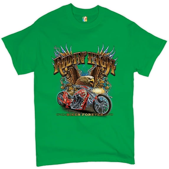 Tee Hunt Ridin' High T-shirt Biker Forever Chopper Rider American Eagle Men's Tee, Green, 4X-Large