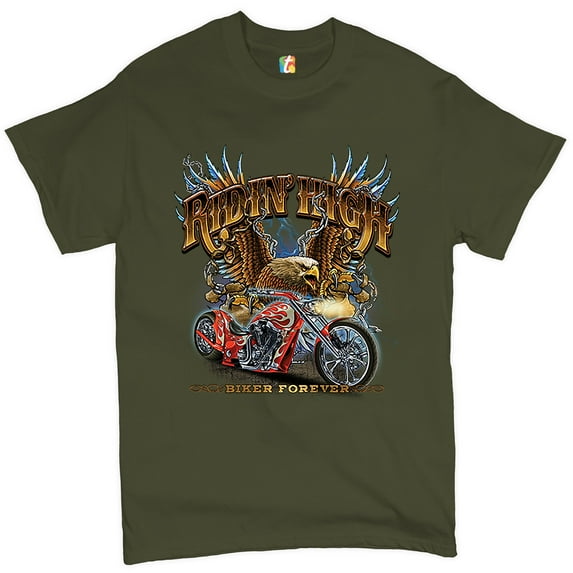 Tee Hunt Ridin' High T-shirt Biker Forever Chopper Rider American Eagle Men's Tee, Military Green, Medium