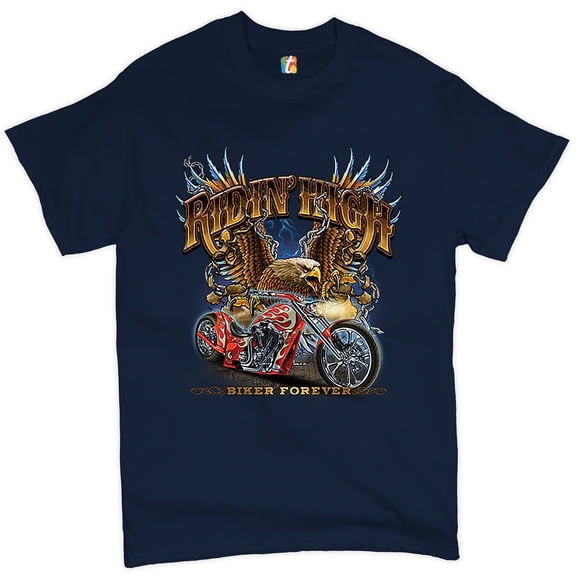 Tee Hunt Ridin' High T-shirt Biker Forever Chopper Rider American Eagle Men's Tee, Navy Blue, Small