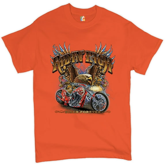 Tee Hunt Ridin' High T-shirt Biker Forever Chopper Rider American Eagle Men's Tee, Orange, Medium