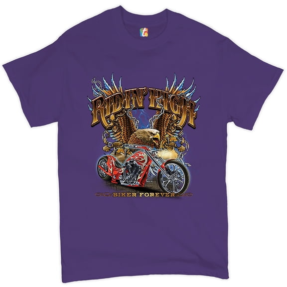 Tee Hunt Ridin' High T-shirt Biker Forever Chopper Rider American Eagle Men's Tee, Purple, Large